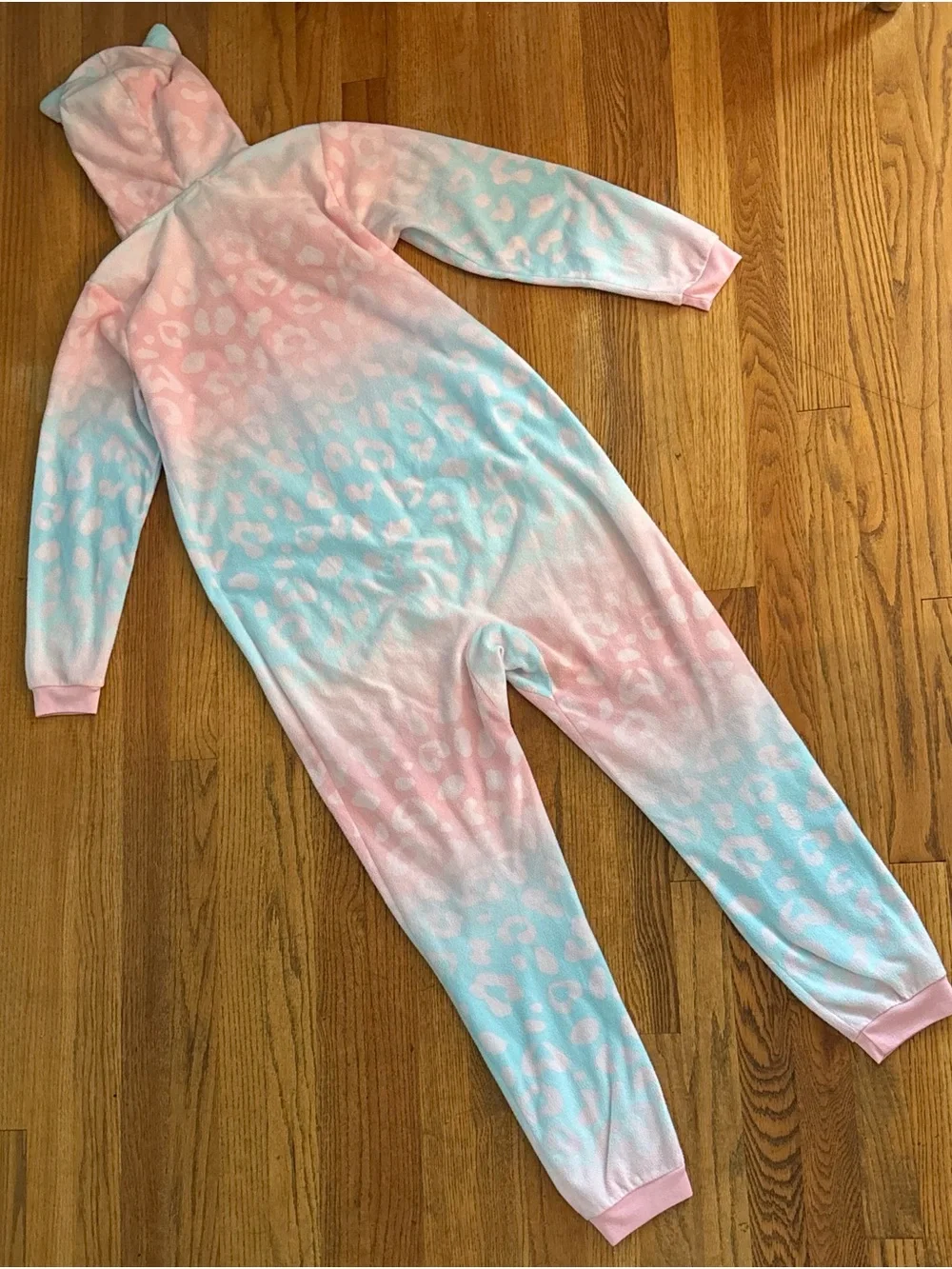 Kids Pink and Light Blue Leopard Print Hooded One-Piece Pajama, size XL